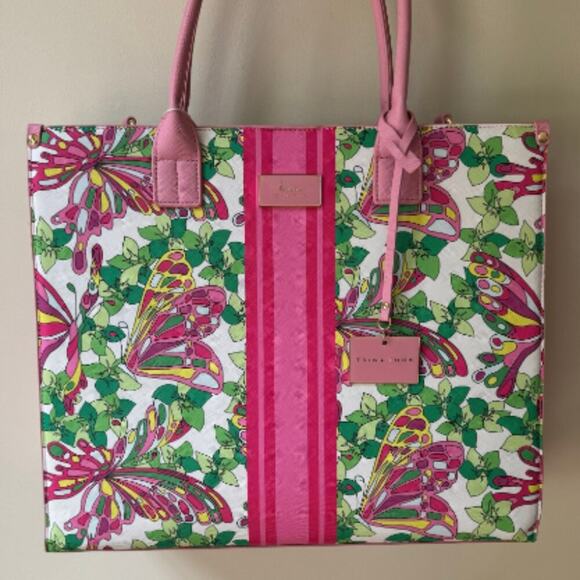 NWT Trina Turk Pink Butterfly Tote Bag with Handles and Crossbody Strap Floral - Picture 1 of 2